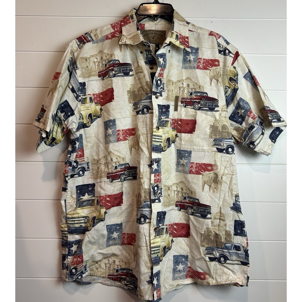 Men's North River Button Up Shirt Sz large Texas Themed Trucks‎ Vtg